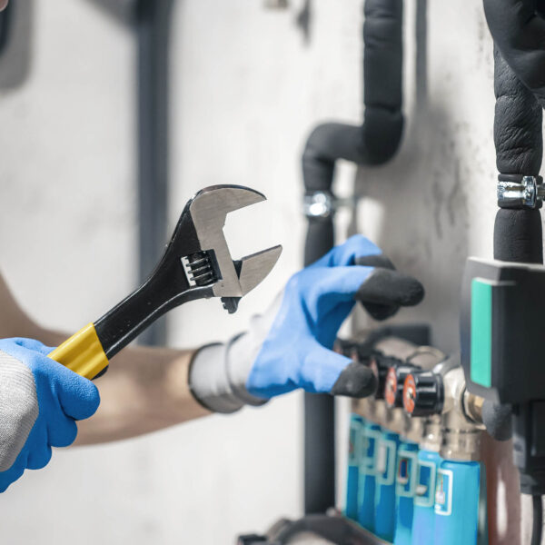 A man installs a heating system in a house and checks the pipes with a wrench. Adjusting heating valves in a residential building. A plumbing and heating technician works.